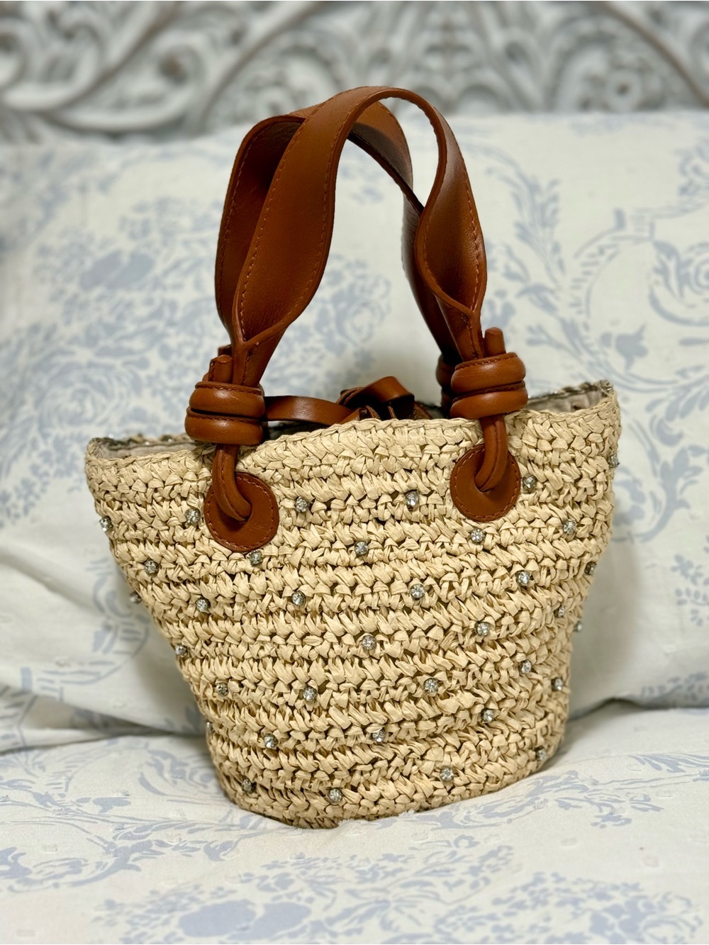 Maeve Anthropologie Natural Straw Tote with Brown Leather Handles and Sparkle